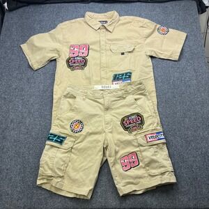 R3bel Racing Nascarcore Motocore Tan Patchwork‎ Button Up and Cargo Shorts Set